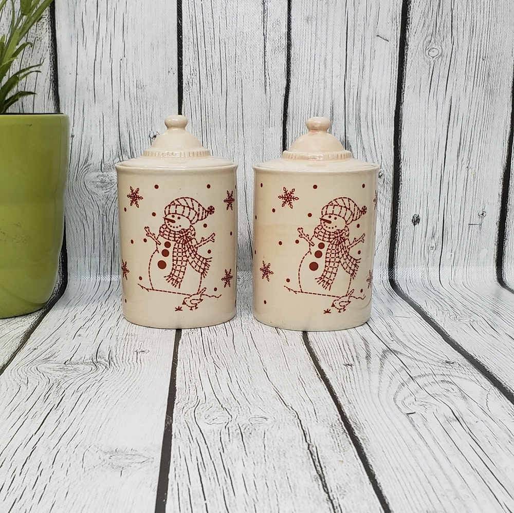 2 Vintage Holiday Ceramic/Jars Snowman Canisters with Rubberized Seal Lids
